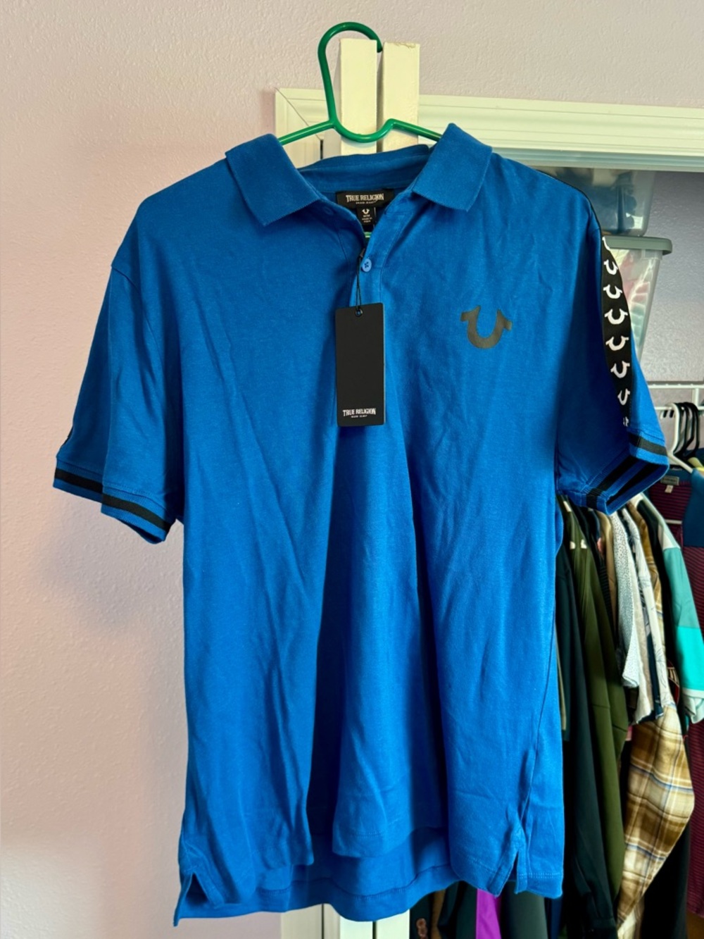 True Religion Men’s Blue Logo Short Sleeve Relaxed Polo W/black Trim. MED. NWT
